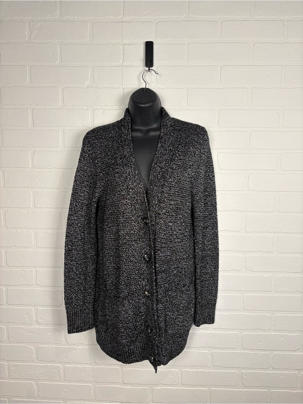Mudd Women Black White Speckled Knit Button Front Long Cardigan Sweater Size L